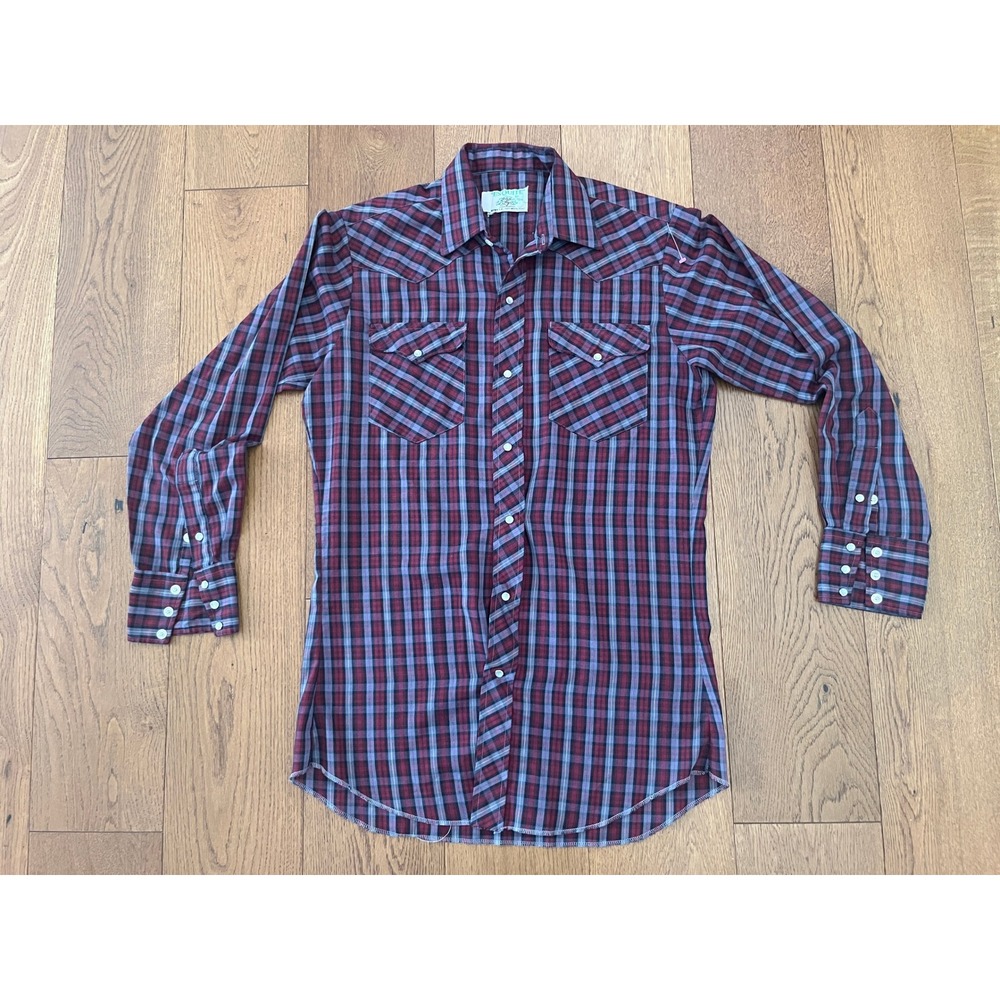 Vtg 70s Mesquite by Niver Pearl Snap Western Shirt 15/33 Red Plaid USA Made